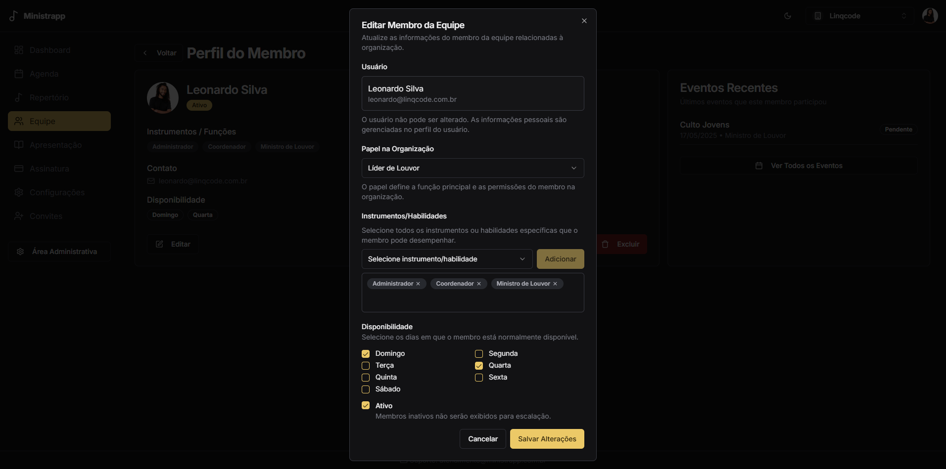 Modal de edição de membro da equipe