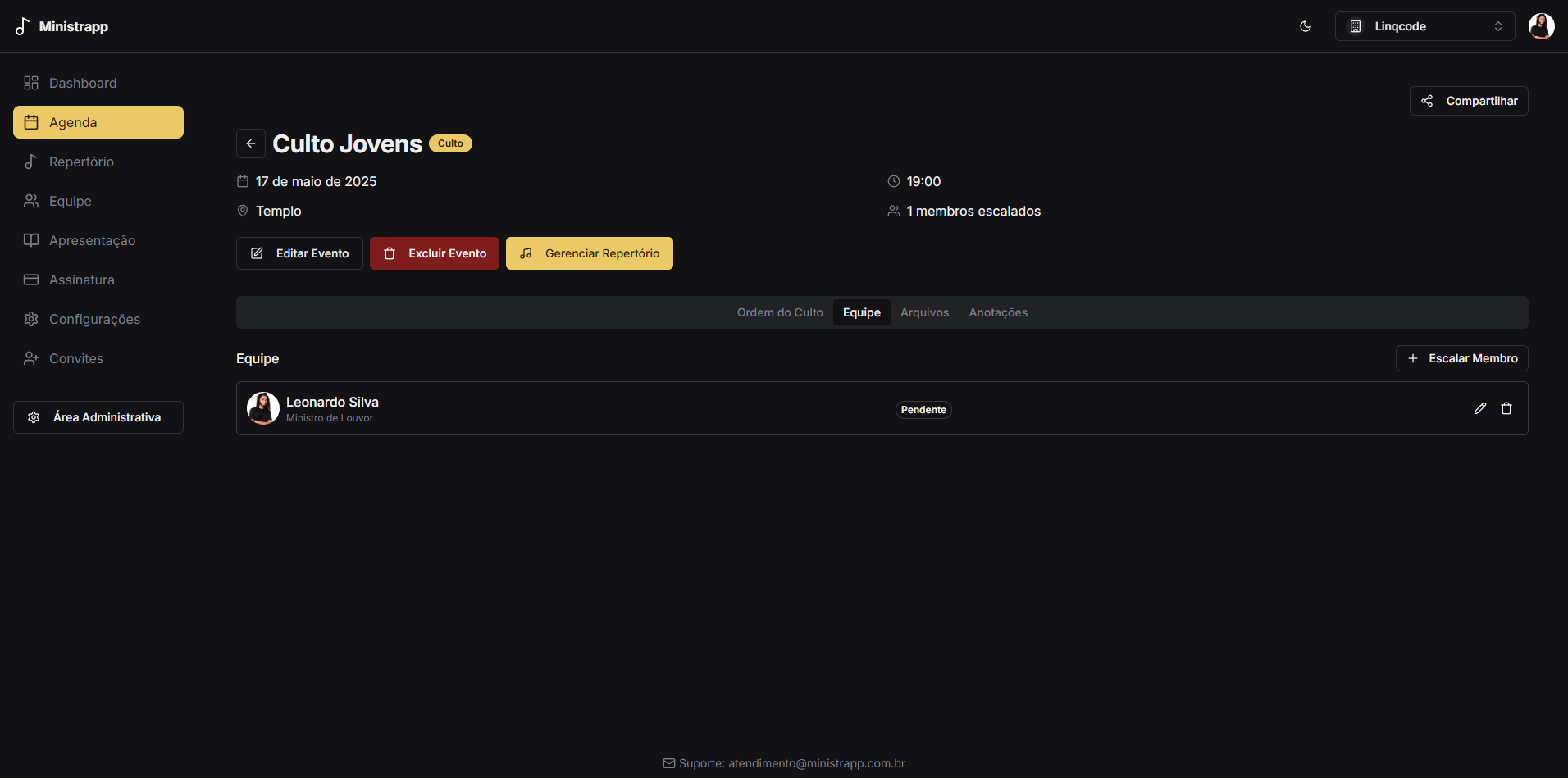 Tela de um evento na agenda, aba Equipe