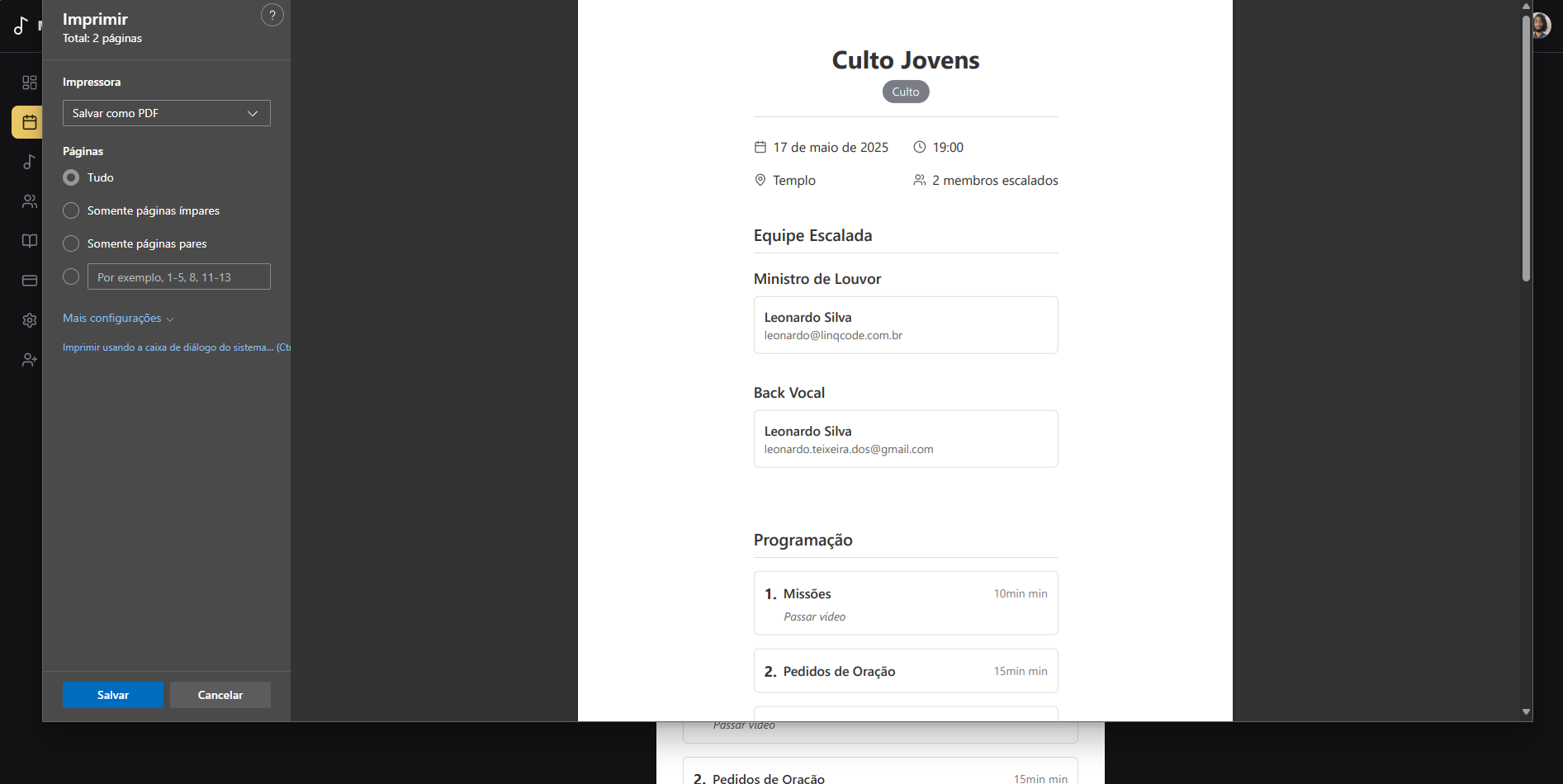 Visualização do relatório de evento para impressão