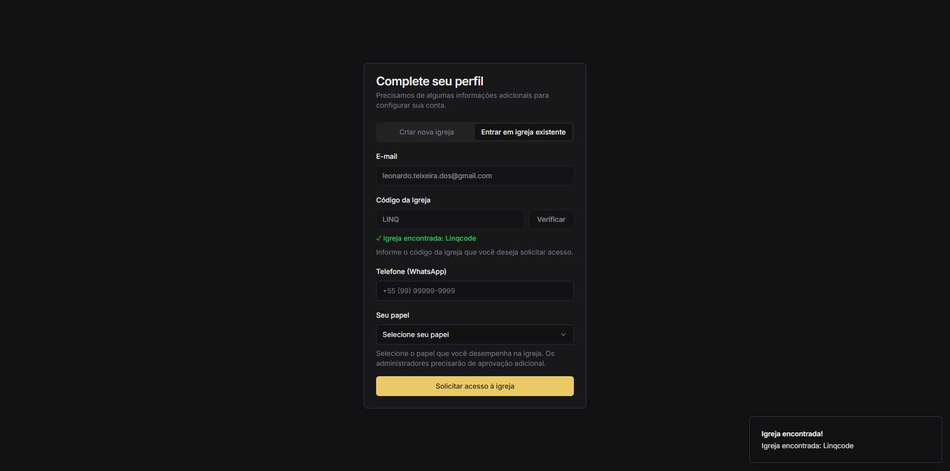 Registro de solicitar ingresso