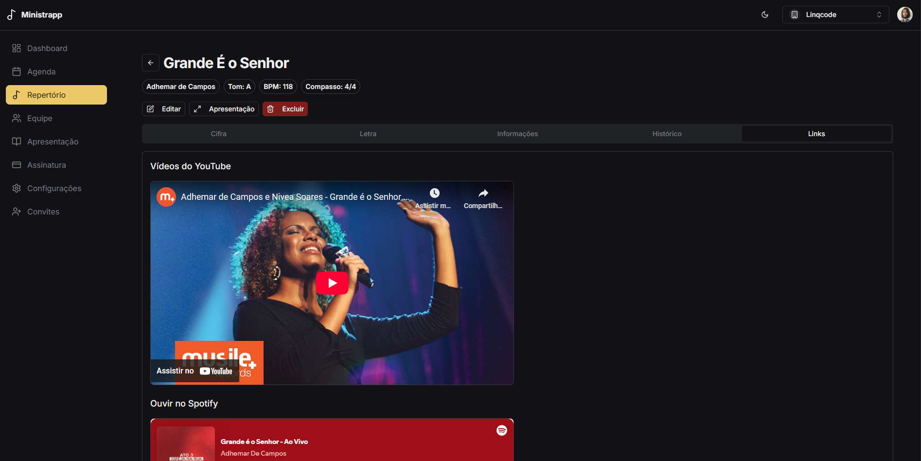 Seção para adicionar links de referência a uma música